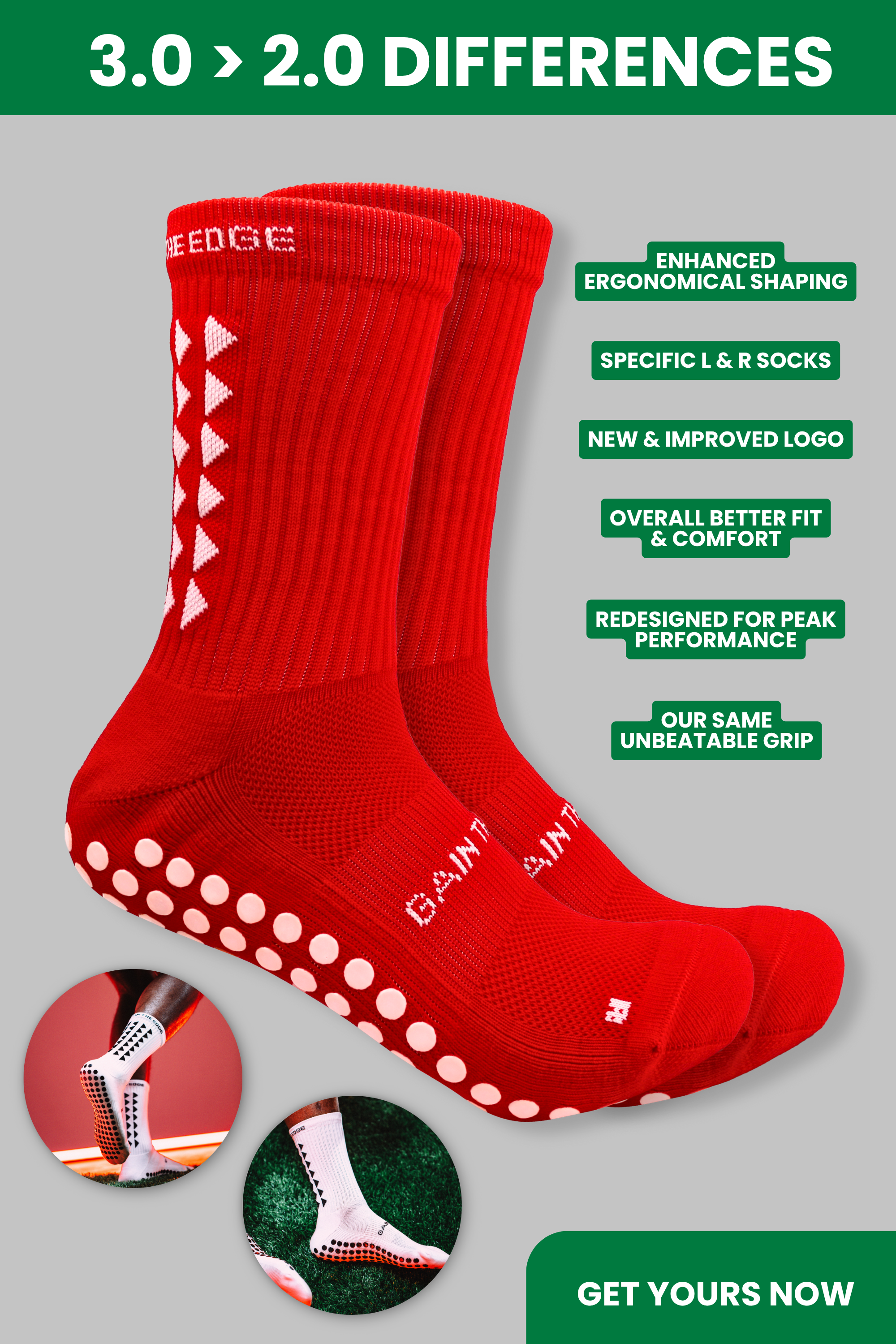 GRIP SOCKS 3.0  MidCalf Length - Red - Gain The Edge Official